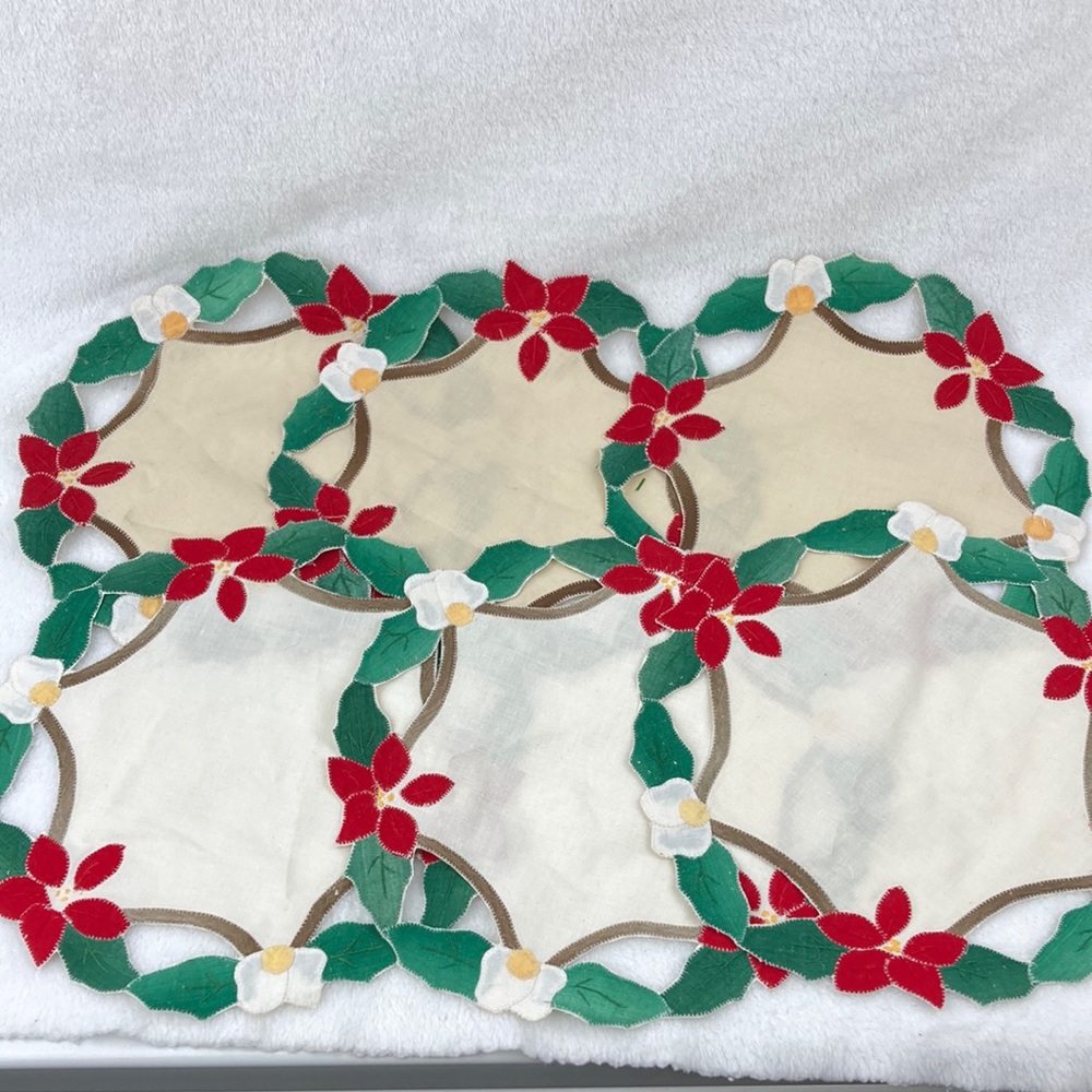 Handcrafted Poinsettia & Holly Doilies Set of 6 10”